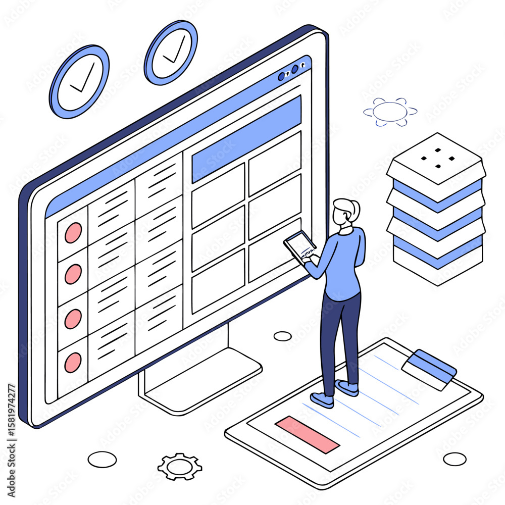 Poster isometric illustration of a woman interacting with a large screen displaying data and tasks list vie