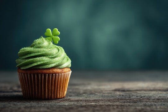 A single St. Patrick's Day cupcake with green frosting, a shamrock, sits on a rustic wooden surface against a dark green background