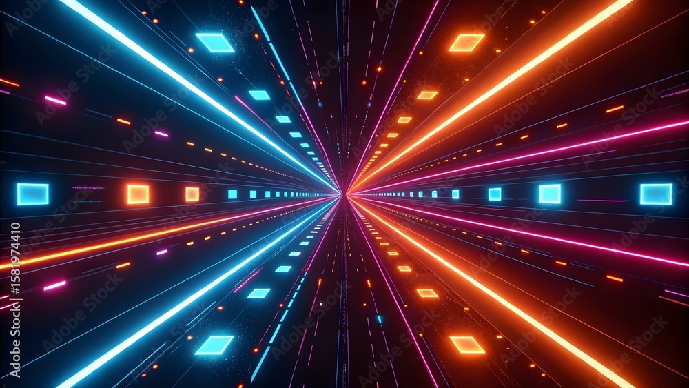 Poster bright neon lines create a dynamic tunnel effect in an abstract background, with glowing squares and