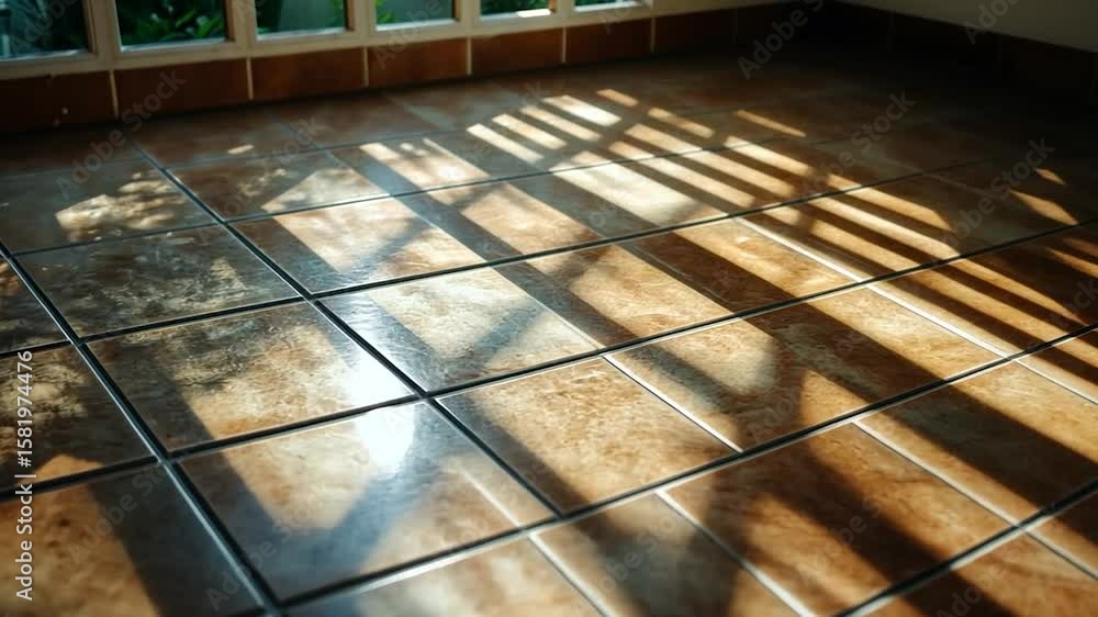 Aufkleber sunlight streams through a window, casting grid-like shadows on a shiny, terracotta-colored tiled fl