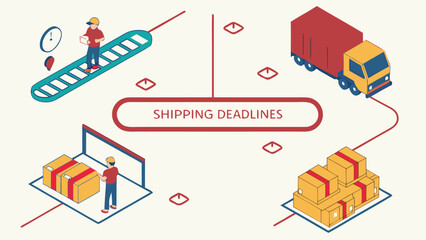 Isometric illustration showing shipping deadlines with a delivery truck and workers handling packages on time