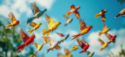 Colorful flock of birds flying against blue sky with fluffy clouds.