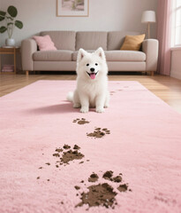 A white dog sitting on the floor, spreading mud in the room, shows muddy paw prints around the room.