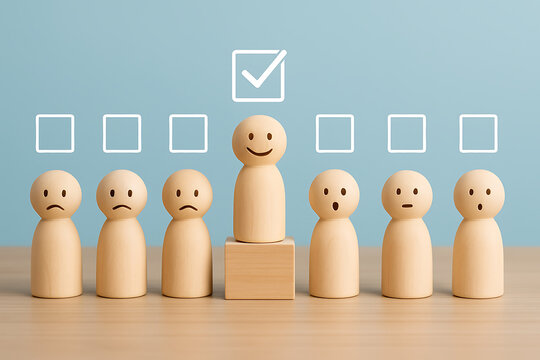 Wooden figurines lined up with various expressions showing one selected with checkbox concept of choice emotion rating performance leadership decision and recruitment process
