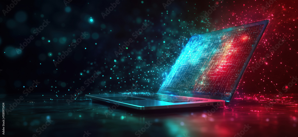 Poster futuristic laptop with glowing data streams and digital effects in dark environment.