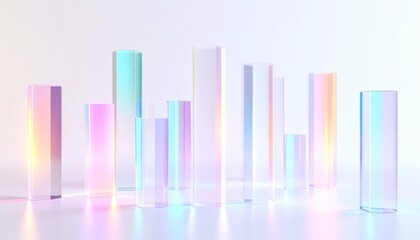 Minimal Transparent Glass Columns with Iridescent Light on White Background
