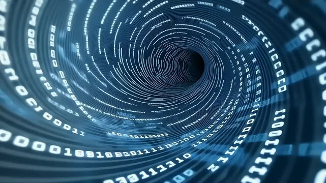 Digital vortex of binary code swirling into a tunnel, representing data flow and technology concepts