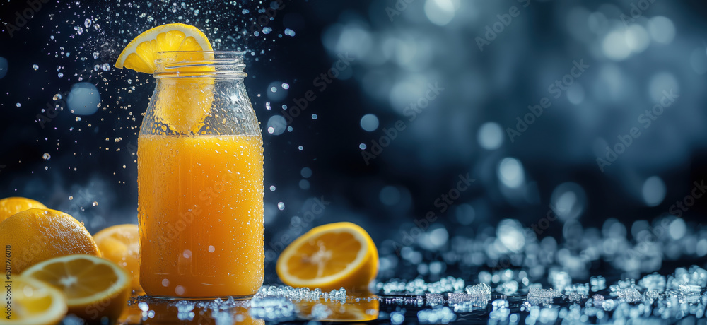 Poster freshly squeezed orange juice in jar with lemon slices and ice splashes.
