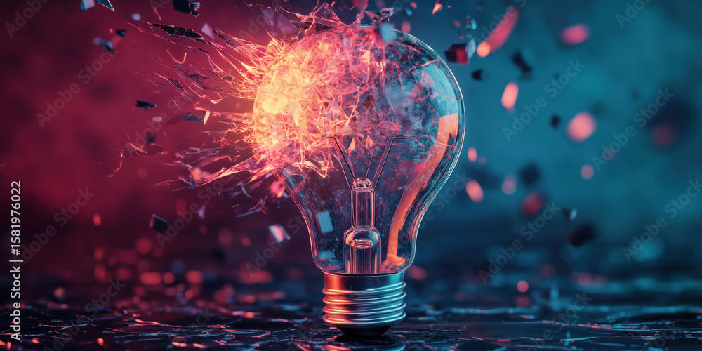 Poster exploding light bulb with vibrant colors and dynamic shards of glass.