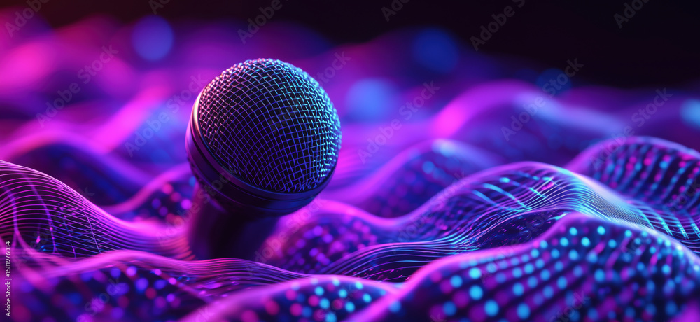 Poster microphone surrounded by vibrant waves of light and colorful patterns.