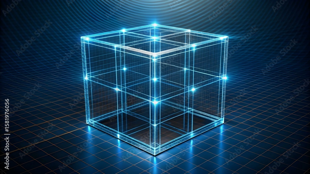 Poster a glowing blue digital cube with a grid pattern sits on a dark background