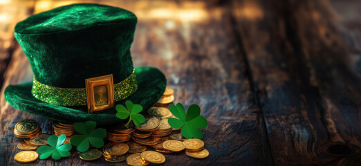 St. Patrick's Day decorations featuring green hat, coins, and shamrocks on wooden table.