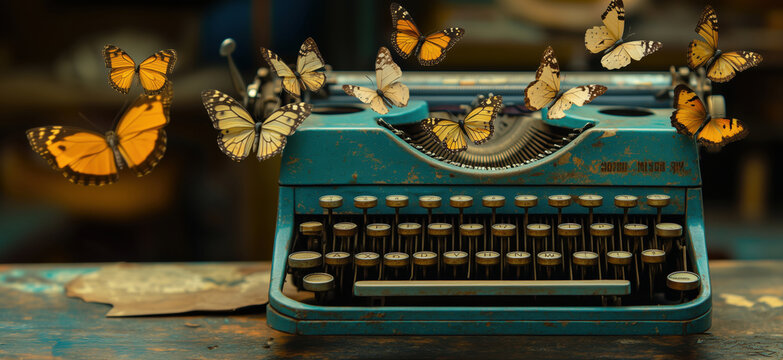 Vintage typewriter surrounded by colorful butterflies in artistic composition. - Powered by Adobe