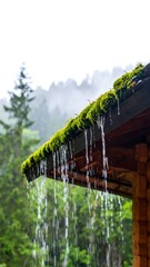 Rain dripping from mossy wooden roof in misty forest