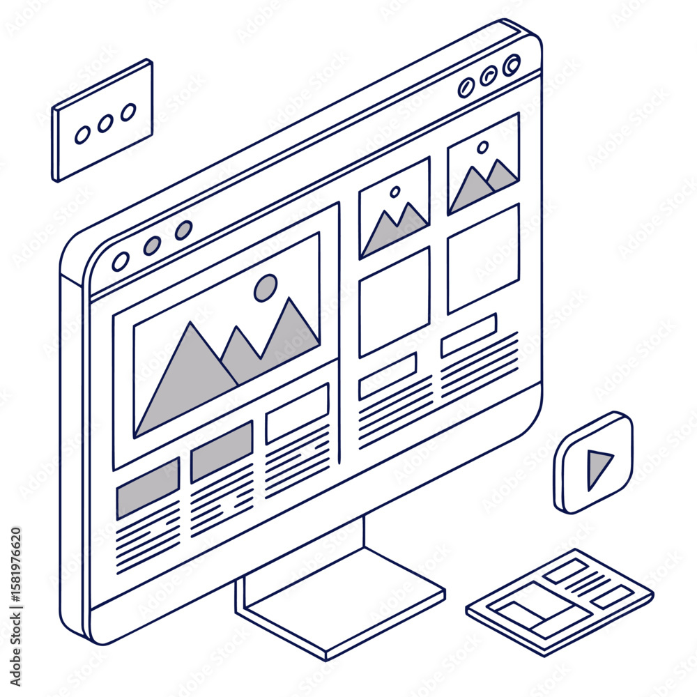 Poster isometric illustration of a computer monitor displaying a webpage with various content blocks and el