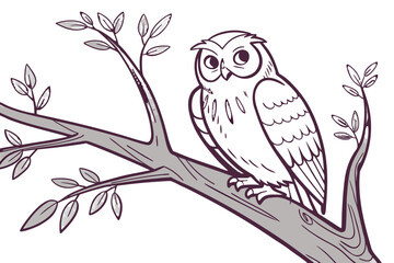 Wise owl perched on a tree branch, isolated on white background