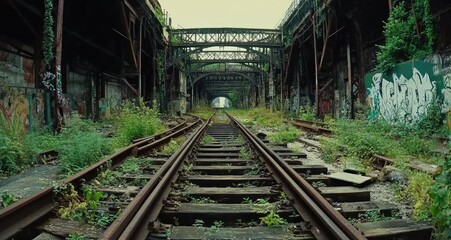 Abandoned train tracks, overgrown with vegetation, pass beneath a decaying metal bridge, adorned with graffiti