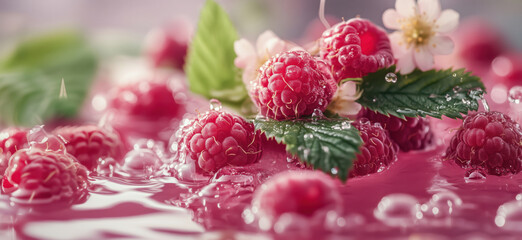 Fototapeta premium Fresh raspberries splashing in water with green leaves and delicate flowers.