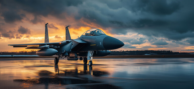 F-15 Eagle fighter jet on runway during sunset with dramatic clouds.