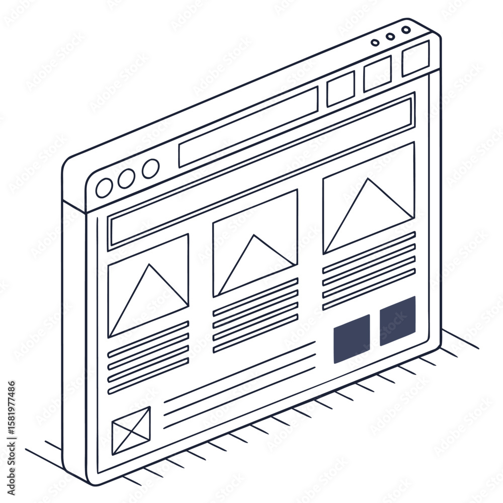 Fototapete isometric view of a web browser window displaying a layout with images and text sections shown