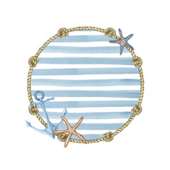 A round sea frame made of knotted rope decorated with starfish and a ship's anchor on a blue and white striped background.