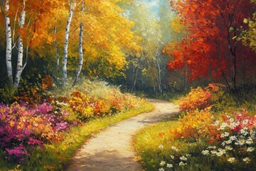 Fototapeta premium Autumnal path through a vibrant forest. A picturesque scene of fall foliage
