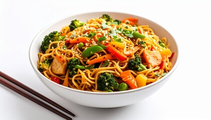 A vibrant bowl of masala chowmein noodles tossed with colorful vegetables, served with chopsticks against a clean white background. perfect for promoting Asian cuisine and healthy meals.