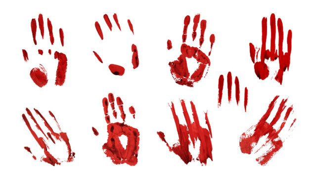 Red bloodstain handprints collection for Halloween horror designs - scary palm marks, finger smears, bloody scratches on white background. Creepy crime scene elements with dripping paint effect.