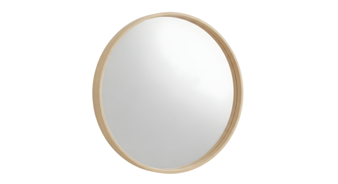 Round light beige wooden framed mirror