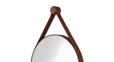 Round wall mirror with brown leather strap