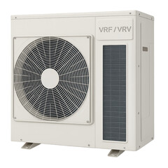 Isolated transparent Outdoor air conditioning unit with large fan and ventilation grill, designed for efficient cooling and heating in residential or commercial spaces, PNG die-cut for advertising.