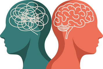 Two heads facing opposite directions one with tangled lines and the other with a brain outline
