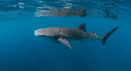 Whale shark gracefully swimming in deep blue ocean waters.