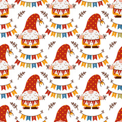 Funny autumn gnomes, seamless vector pattern. Cute elves with beards are holding festive seasonal garlands. Dwarves in hats, with a flags for the fall party. Background for Thanksgiving, ornament