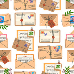 Letters, seamless vector pattern. Envelopes with postcards, documents, romantic correspondence, paper notes. Written message, mail. Parcel with photo, flowers, wax seal, stamps. Postal background