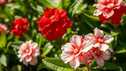 Obraz premium Close up of vibrant red and pink impatiens flowers blooming in a garden isolated on white background