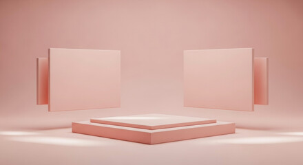 Minimalist pastel pink podium with geometric floating panels on a soft monochromatic background, ideal for elegant product display or branding mockup.