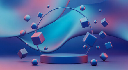 3D abstract scene with floating cubes and spheres around a circular podium, set against a smooth gradient background in shades of blue and pink.