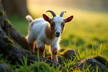 Fototapeta premium Adorable baby goat with fluffy fur in a sunlit meadow radiating charm and innocence in nature's embrace