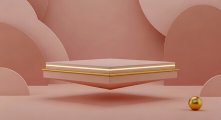 Minimalist floating square podium with gold accents in a soft pink environment, surrounded by curved abstract shapes and a single golden sphere on the floor.