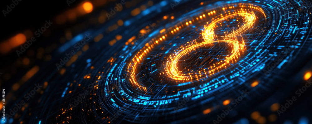 Poster digital representation of number eight with glowing circuits and futuristic design.