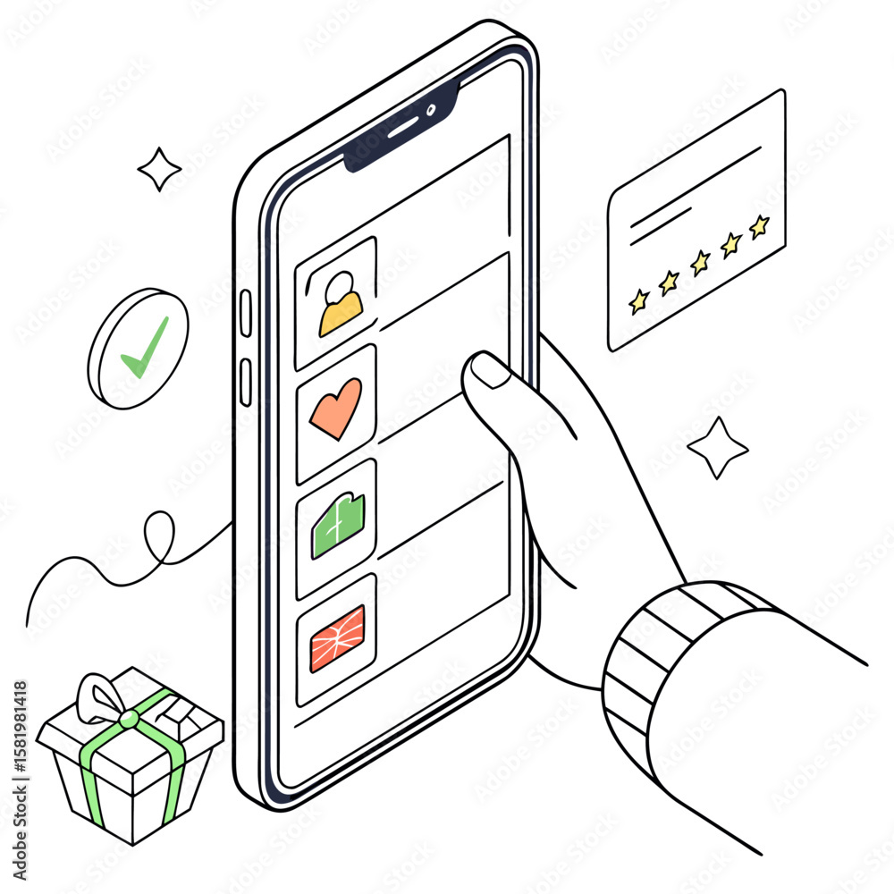 Poster isometric view of a hand interacting with a smartphone displaying profile heart and gift icons and a