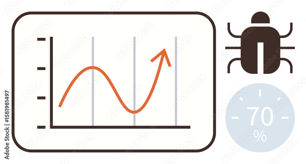 Poster line graph with performance trend, bug icon, and percentage meter. ideal for software debugging, per