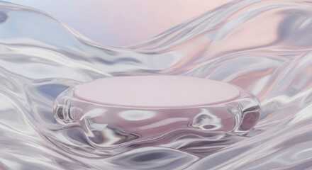 Glossy pastel platform with a fluid, translucent base resembling molten glass, set against a dreamy soft pink and lavender background with gentle, reflective waves.