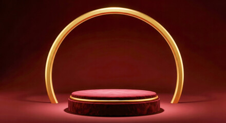 Luxurious red velvet podium with a glowing golden arch above it, set against a deep red background, creating a dramatic and elegant showcase scene.
