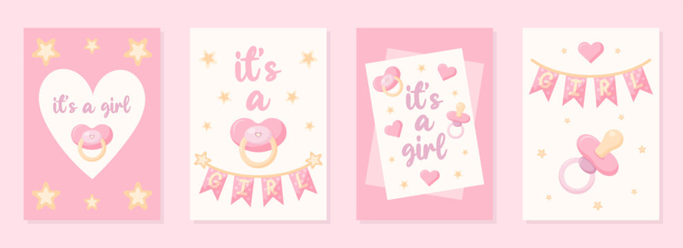 Gentle set postcards It's a girl. 4 Posters with baby Dummy for gender reveal party in pink tones. Vector illustration.