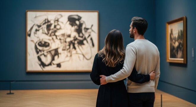 couple embracing and admiring art in a museum gallery - Powered by Adobe