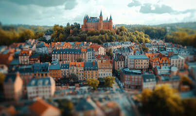 Scenic view of historic castle overlooking colorful cityscape with rooftops and greenery.