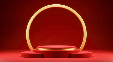 Striking red platform with a golden arch and tiered base, set against a deep red background, perfect for showcasing luxury products or bold design concepts.