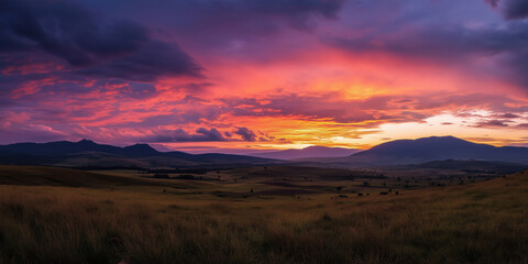 Stunning sunset over rolling hills and mountains with vibrant purple and orange sky.